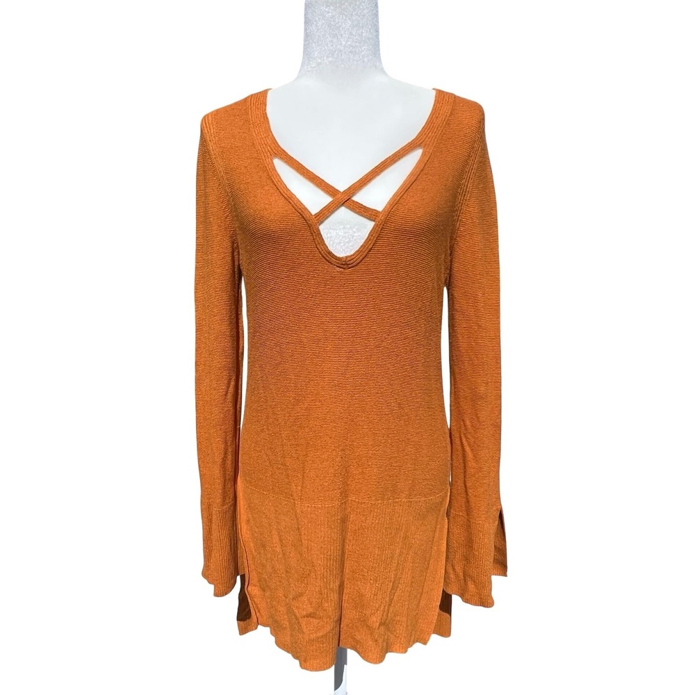 Free People Burnt Orange Strappy V-Neck High Low Knit Tunic Top Ginger L/S